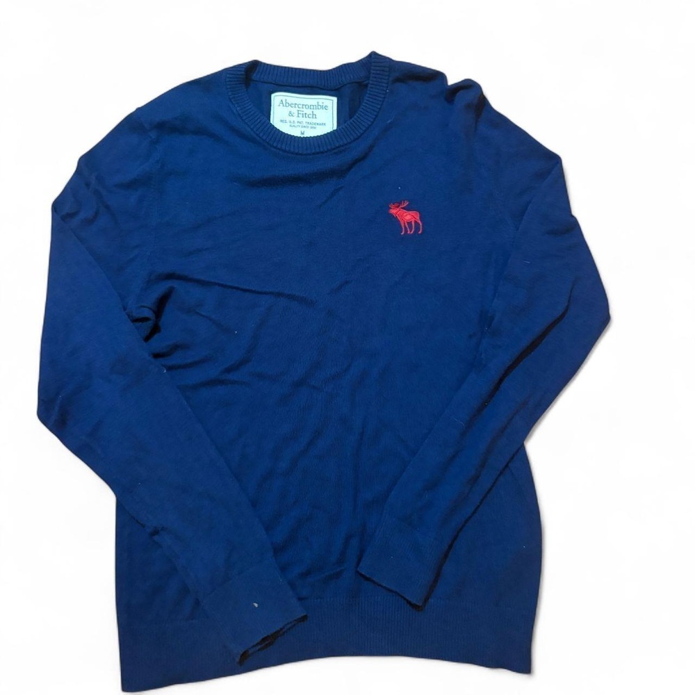Abercrombie & Fitch Mens Crewneck Sweater Navy Blue Red Moose Logo Size Medium